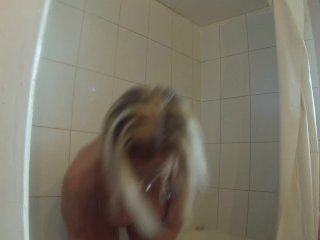 Lotioning my tits and using my barbell dildo in the shower to get 4 orgasms