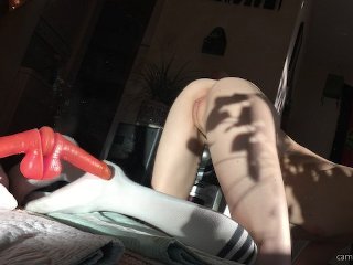 Teen fucks and rides suction cup dildo on mirror