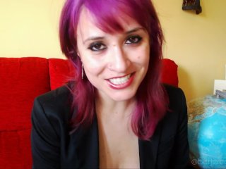 A sexy agent welcomes you in a travel agency, she starts burping nervious