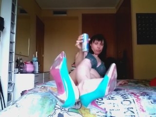Red Bull Burps, Having this Energetic Drink, Bra, Thong and High Heels