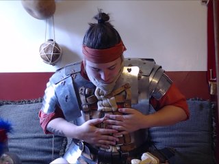 Nerdy girl strips out of armor