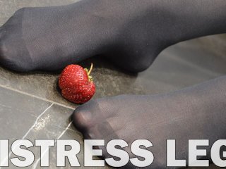 Very tasty crush strawberries with high heels and just with nylon soles