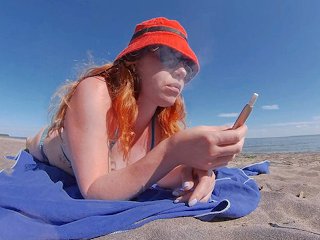 Ginger Redhead Milf Smoking Iqos Cigarette in Swimsuit on the Beach
