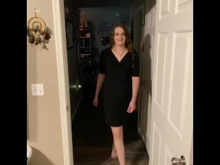 Sexy teen brunette strip teases in a tight black dress