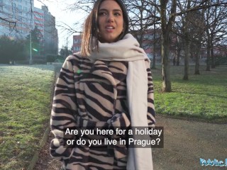 Public Agent Beautiful Brunette Biology Student Cums Over a Stranger Cock