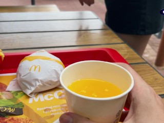 Risky public sex in the toilet. Fucked a McDonald's worker because of spilled soda! - Eva Soda