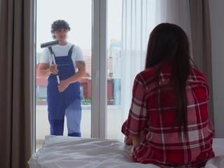 Busty hot MILF seduced window cleaner to fuck her