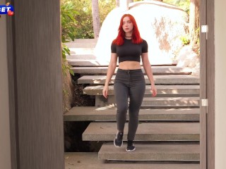 Redhead Footjobs After Foot Massage, Fucks And Gets Cum On Feet In Fishnet Stockings POV