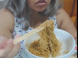 Cute feedee eats noodles for her feeder