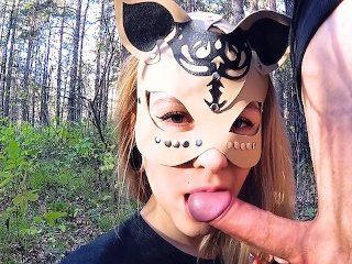 Pretty schoolgirl masturbates and sucks dick in the forest - public blowjob