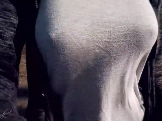 Bouncing Boobs in Shirt While Walking (Braless)