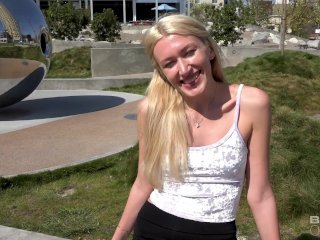 Russian MILF Angelina Bonnet flashes her tits in public