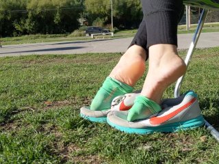 Shoeplay with sneakers at the park -- Preparing smelly socks for shipping
