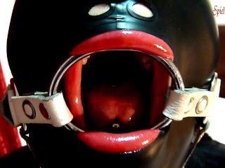 INTRO-Black latex slut with ring gag deepthroated cock, dildo & fucked hard
