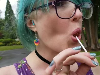 Seattle Ganja Goddess the Queen of Pussy Pops sucking lollipops: Cemetery Halloween licking candy