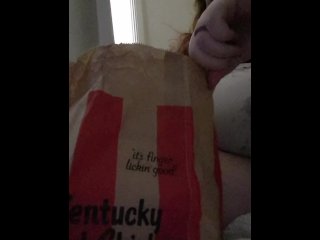 BBW eating bucket of kfc popcorn chicken