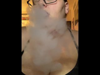 Fat babe listening to music, smoking vape, POV