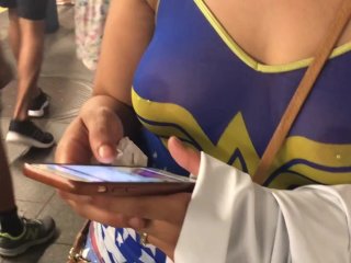 Wife in See through wonder women shirt with pierced nipples in public