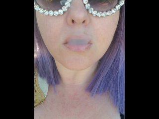 Hot big tittied giantess smokes a fag outside by the pool