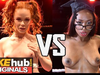 FAKEhub Redhead Teen and Ebony MILF teacher share a cock