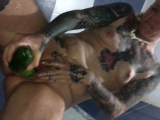 Squirting & pissing shower fuck large organic toy