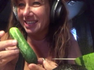 Busty cougar enjoys quarantine squirt eating melon mukbang vegetable cucumber food insertion