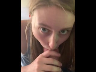 Pretty young babe blows giant cock to perfection