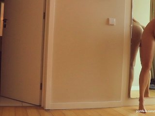 Wife gets pussy creamed by big dildo in the mirror