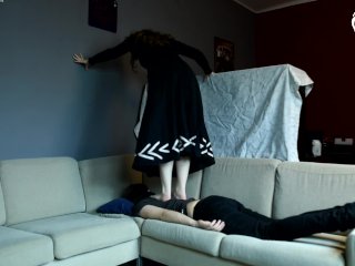 Light trampling on her submissive boyfriend (foot crushing, foot worship, sexy feet, czech soles)