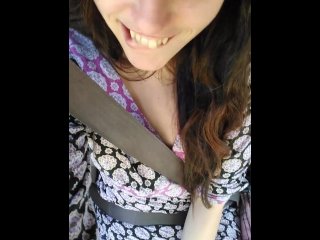 Public Car play Makes Me Excited! Hairy Pussy Thick Thighs Slut in Passenger Seat Flashes Upskirt