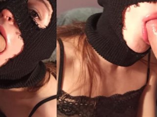 Cutie in balaclava got a juicy cock in her mouth