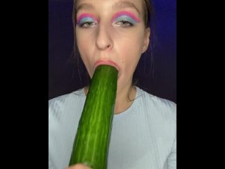 Testing little mouth with a huge cucumber. Drool, deep throat.
