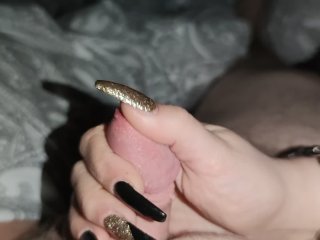 Handjob with Long nails in black and gold *weak cumshot*