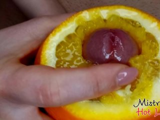 Close up yummy foodjob and ruined orgasm from Mistress Hot Lips. Dessert with cum and orange juice.
