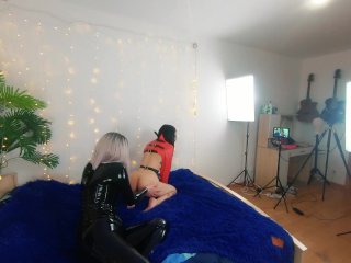 Backstage of pretty lesbian fetish girls doing sex video. Positive Femdom, sex play, latex leather
