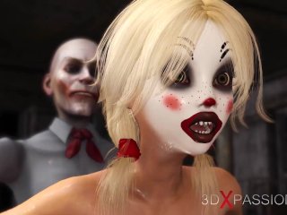 Joker bangs rough a cute sexy blonde in a clown mask in the abandoned room