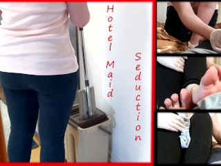 Hotel maid caught me, sniffing feet on face handjob in gloves and cleaning cum with her socks