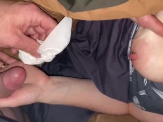 Almost Caught, Sneaky Camper Handjob with my Hot Amateur Wife, Cumshot into her hand this morning