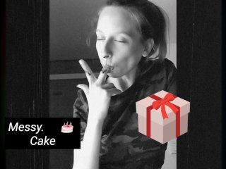 Messy eating birthday cake