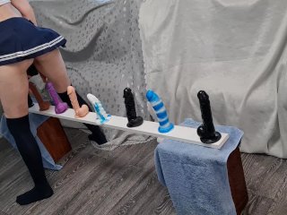 Skinny Babe Riding all Her Dildos from Small to Big till Big Orgasm