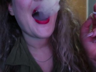 CUTE WOMAN PAINTS HER LIPS RED AND SMOKES A CIGARETTE, I HOPE YOU LIKE IT