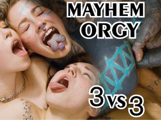 Mayhem 3 on 3 orgy, hardcore alt teen group fuck - anal, dp, blowjob, facial - alt, goth, punk, tatt