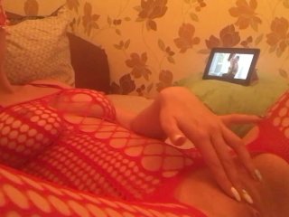 Watching porn and playing with myself in one piece red lingerie full bodysuit sexy hot girlfriend