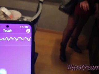 Public Flash - Female orgasm with remote toy at shopping center - Control teacher's pussy with Lush