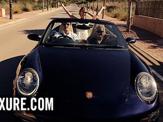 Threesome with a blonde and a redhead in a villa