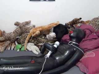 Chained and locked in Condom Catsuit