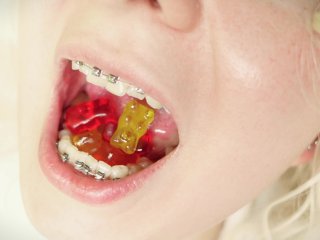 ASMR mukbang in braces - chewing and swallowing jelly teddybears - giantess vore mouth tour