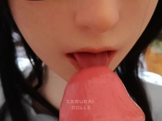 FF7 Tifa doll is gently fingered until she squirts and sucks a huge cock that cums on her face
