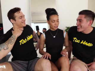 QB1 fucks his best wide receiver in jock strap and slutty cheerleader!