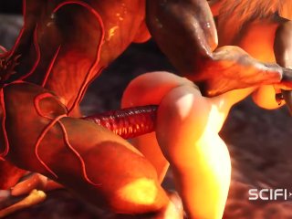 A horny hottie gets fucked by a male alien in the fire cave